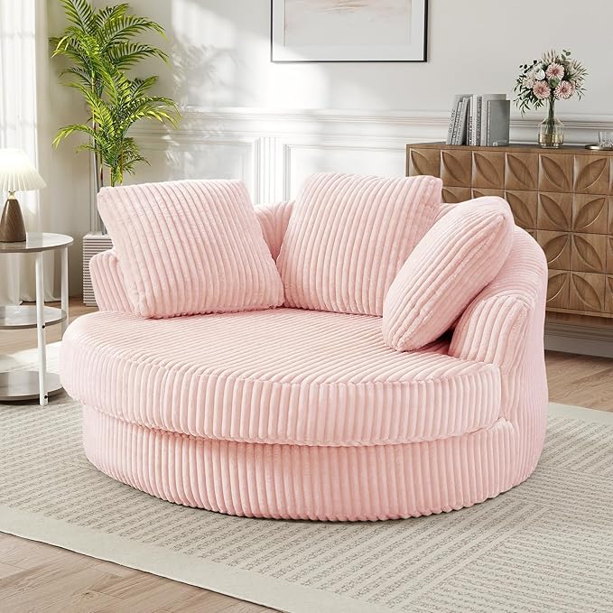 61"W Oversized Round Chaise Lounge Chair Indoor, Upholstered Corduroy Large Circle Boneless Chair with Deep Seat, No Assembly Required, Modern Comfy Cloud Sofa Chairs for Living Room, Bedroom(PInk)
