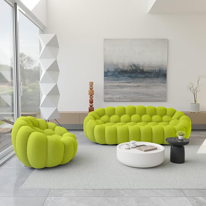 JACH 3 Seater Bubble Sofa and Single Seat Curved Couch, Comfy Upholstered Sofa, Mesh Fabric 3D Honeycomb Shape Modern Couch for Living Room, Office, Apartment, Small Space (Fluorescent Green)