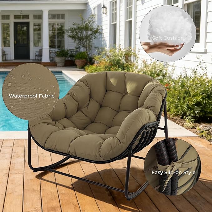 Sgentle Papasan Rocking Chair Outdoor, Oversized Patio Rocking Chair with Cushions & Steel Frame, Wicker Egg Lounge Chair Indoor, Comfy Reading Chair for Patio, Deck, Porch (Khaki, Style 1)