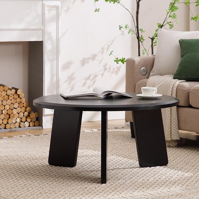 Janoray Modern Wood Coffee Table Small Desk Farmhouse Round Coffee Table Floor Table Couch Table Easy Assembly for Living Room/Office/Reception/Sofa Couch End, Black