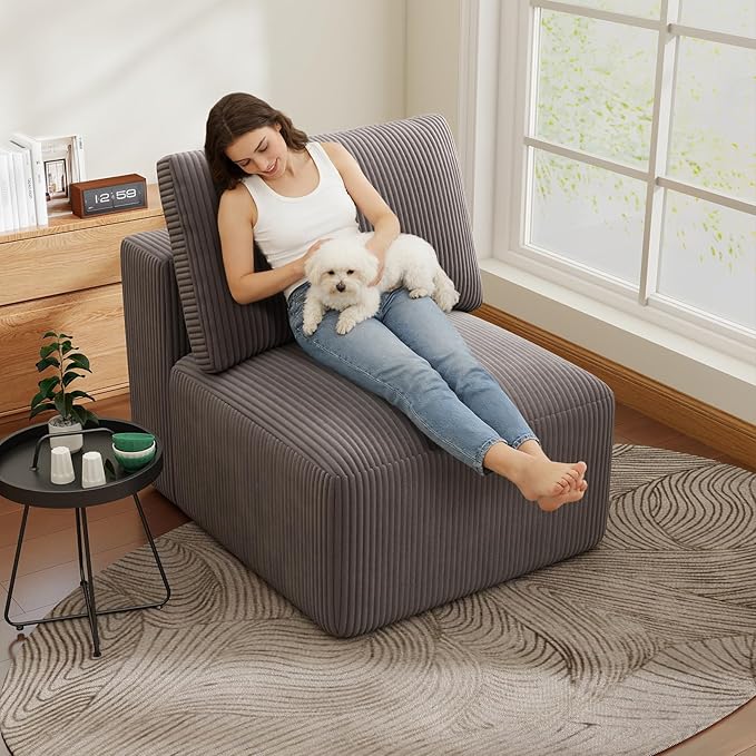 31" Modular Middle Seat Cloud Couch Extension, Armless Memory Foam Boneless Chair, Cozy Upholstered Corduroy Frameless Single Seat, No Assembly Required Accent Chair for Living Room Home Decor, Grey