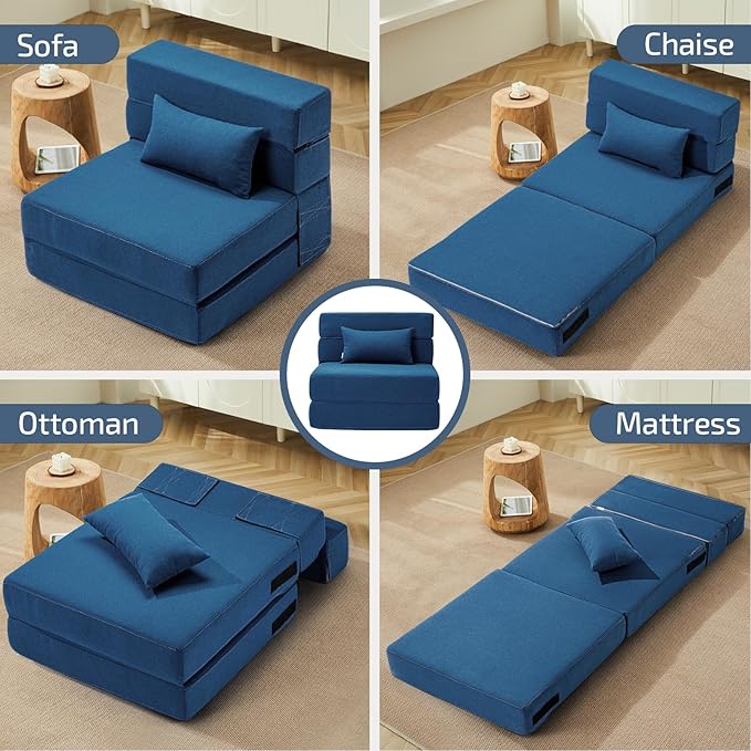 Folding Sofa Bed with Pillow- Convertible Chair Floor Couch & Sleeping Mattress, Foldable Memory Foam Sleeper for Living Room/Dorm/Guest Room/Home Office/Apartment/Loft, Single28,Navy Blue