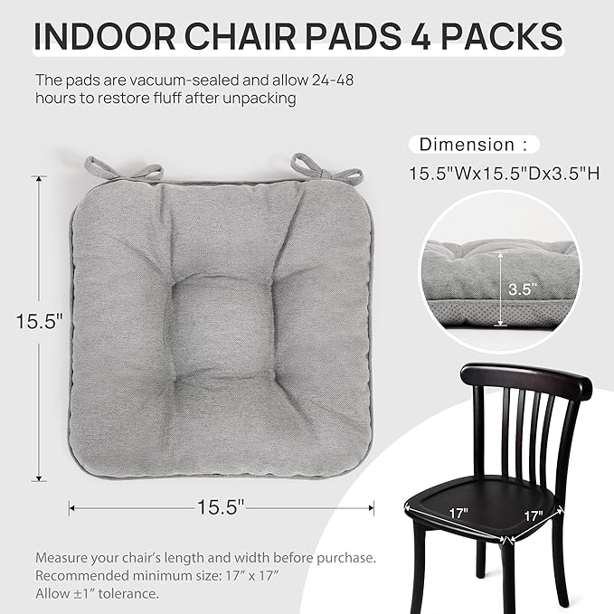 Love's cabin Memory Foam Chair Cushions Set of 4, Outdoor/Indoor Chair Pads for Dining Chairs 4 Pack, Seat Cushions for Kitchen, Dining Room, Office, Patio Chairs, 15.5"x15.5"x3.5" Light Grey