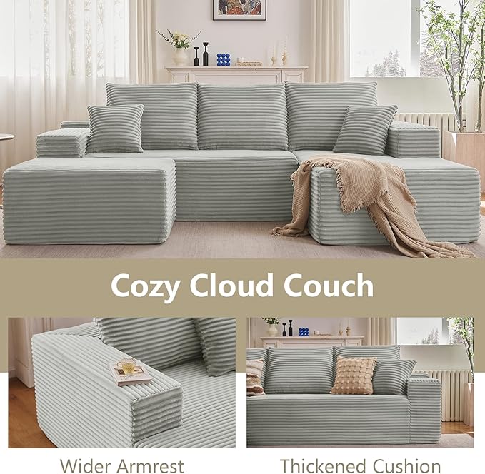 Lakifun 107" U-Shape Cloud Couch, Modern Modular Sectional Comfy L-Shape Sofa with Ottoman, Deep Seat, Upholstered Corduroy Sleeper Chaise Longue for Living Room Bedroom, No Assembly Required, Grey