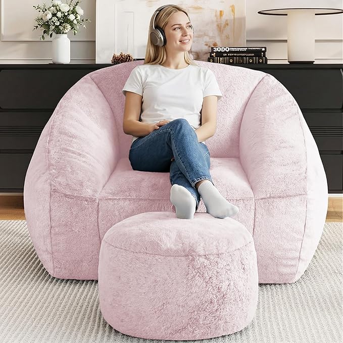 Bean Bag Chairs with Ottoman for Adults, Comfy Beanbag Chair with High-Resilience Foam, Oversized Bean Bag Sofa with Soft Faux Fur Fabric, Bean Bag Chair for Living Room,Bedroom,Pink