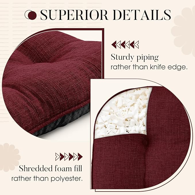 Basic Beyond Chair Cushions for Dining Chairs 4 Pack, Chair Cushion with Ties and Non Slip Backing, 15.5 x 15.5 inches Tufted Chair Pads for Dining Chairs(Dark Red)