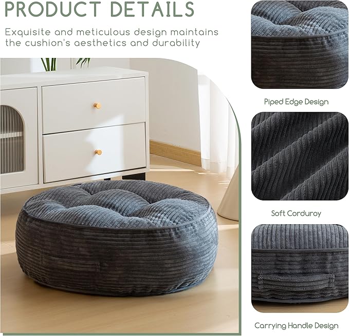 8" Washable Floor Pillow Cushion for Adults, Meditation Cushion Pillow, Large Round Floor Sitting, Removable Tufted Corduroy Cover, for Tatami Living Room or Yoga, 22x22 Inch, 2Pack, Machine Washable