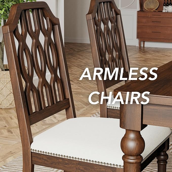 chairus Farmhouse Dining Chairs Set of 6, French Country Vintage Wooden Dining Room Chairs with Lattice Back & Turned Legs, Rustic Chenille Upholstered Nailhead Trim Side Kitchen Chairs, Walnut Brown