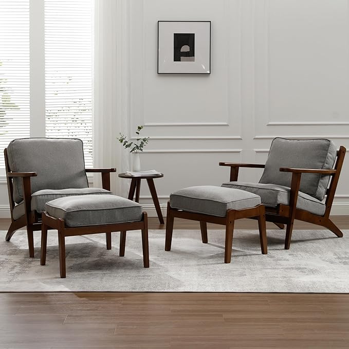 chairus Mid-Century Modern Accent Chairs with Ottoman Set of 2 Linen Fabric Upholstered Living Room Chairs for Bedroom Reading Room Lounge with Arm & Solid Wood Frame, Fabric Grey