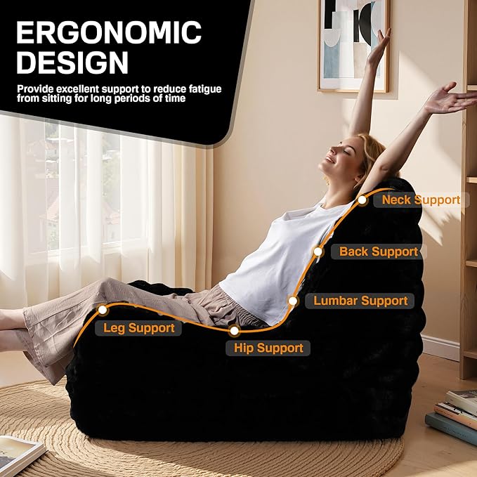 Bean Bag Chair for Adults, Giant Beanbag Lounger with Plush Faux Fur, Comfy Memory Foam Chair Floor Lazy Chair for Living Room Bedroom Dorm Apartment Reading Nook，Black