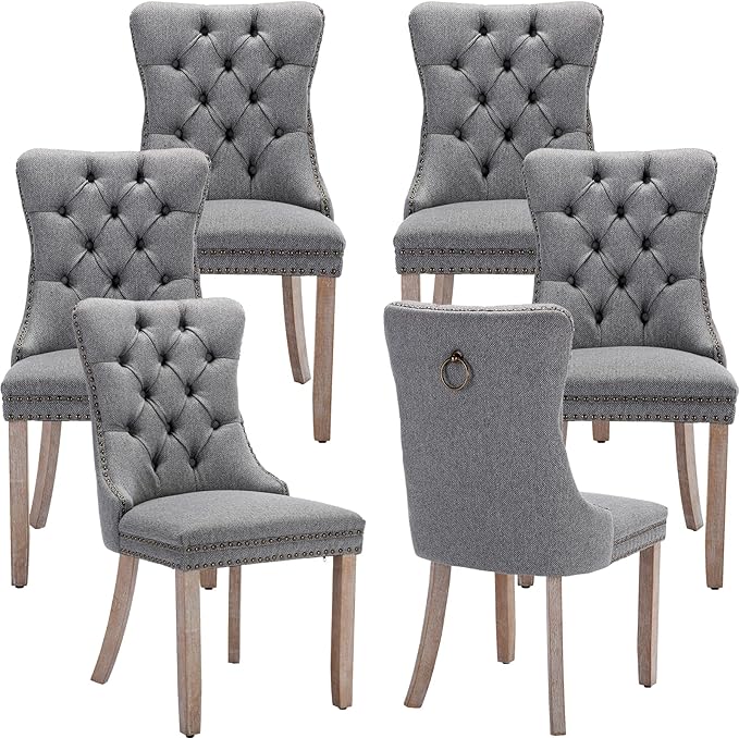 YeahFurn Grey Mid Century Modern Dining Chairs Set of 6, Linen Upholstered Kitchen & Dining Room Chairs with Nailhead Trim & Solid Wood Legs, Elegant Sillas De Comedor (Grey, 6 Pcs)