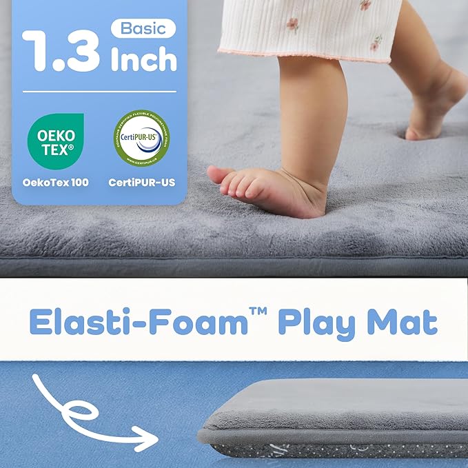 PAPAMAT 1.3" Thick Baby Floor Play Mat 79x118, Basic Padded Foam Mat for Tummy Time Crawling, Non Slip Cushioned for Babies Toddlers Infants Kids (Light Grey)