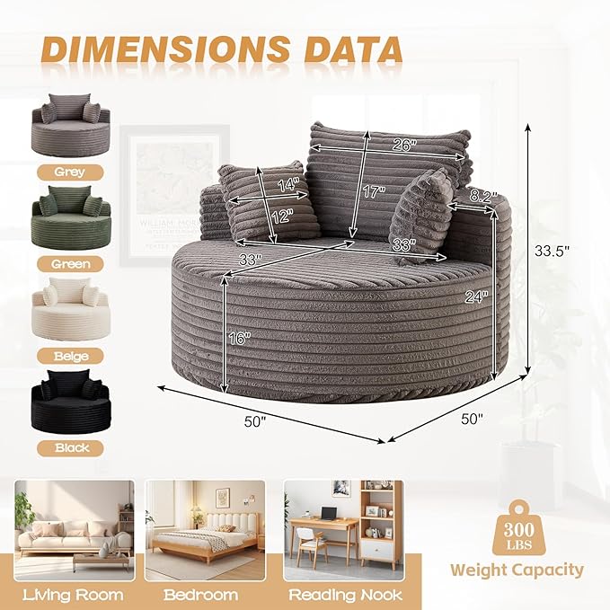 50"W Oversized Round Chaise Lounge Chair Indoor, Upholstered Corduroy Deep Seat Cloud Circle Sofa Chair, Modern Fluffy Comfy Floor Reading Armchair for Living Room, Bedroom, No Assembly Required, Grey