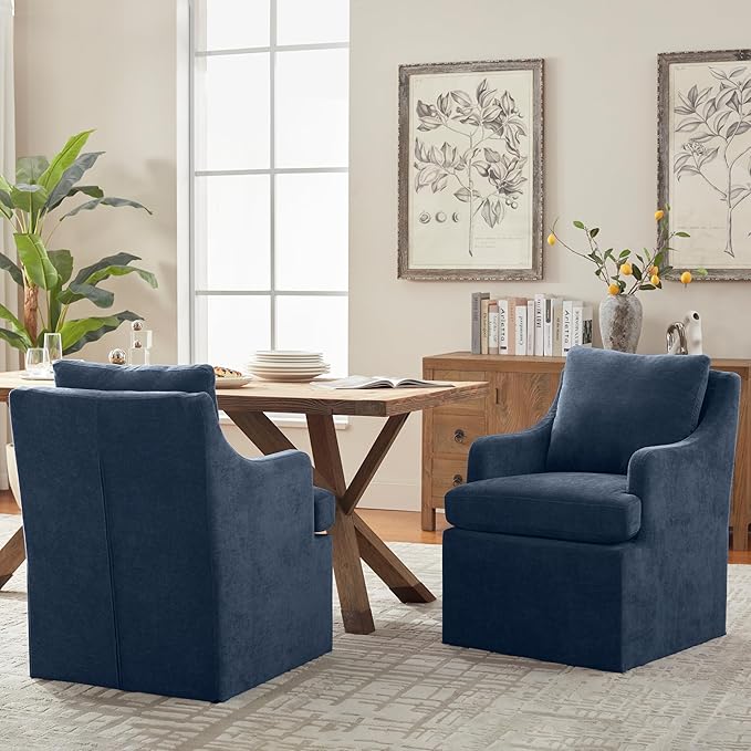 VKNOW Upholstered Dining Chairs Set of 4, Linen Kitchen Chair Dinner Chair with 4 Casters, Modern Armchair for Bedroom Reading Room Living Room, Navy