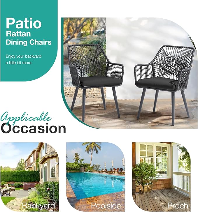 Patiorama Patio Dining Chair Set of 6,Woven Rope Outdoor Dining Chairs w/Steel Frame,All-Weather Twisted Rattan Chairs w/Armrest & Cushion,Outdoor Dining Wicker Chairs for Backyard Garden(Dark Grey)