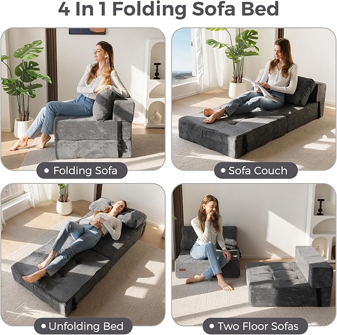 MAXYOYO Folding Sofa Bed, Convertible Sofa Bed with High-Density Support Foam, Portable 4 in 1 Fold Out Chair to Floor Lounger, Versatile Floor Couch for Living Room Bedroom, Dark Grey