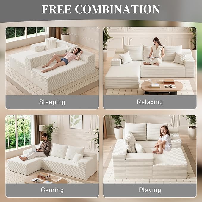 HYJT-H&K Modular Sectional Sofa Cloud Sectional Couch, 107" Comfy Fluffy L Shaped Beige Couches for Living Room, Deep Seat Memory Foam Plush Corduroy Boneless Couch Sectionals Left Facing Chaise Sofa