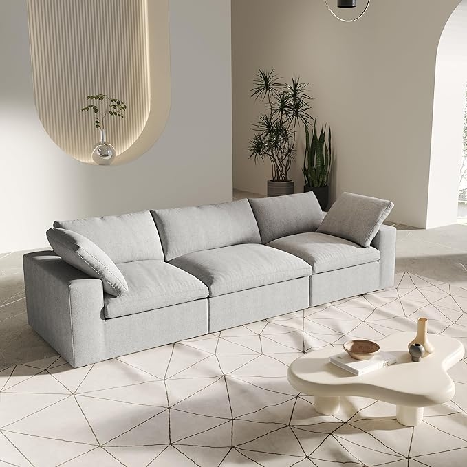 3 SeaterCloud Sectional Couch, Light Grey Modular Sectional Sofa, Modern Comfy Sofa, Covers Removable, Convertible Sleeper Couch for Living Room Apartment (Linen Fabric)