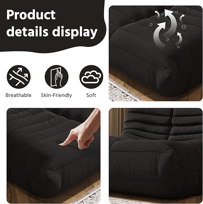 Bean Bag Chair, Fireside Chair, Large Bean Bag Chair for Adults, Bean Bag Chairs for Teens with High-Resilience Foam, Non-Slip Base Floor Lounge Sofa,Living Room (Black, Single)