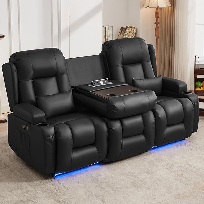 URRED Loveseat Recliner Sofa with Massage and Heat, Flip Middle Backrest Design 3 Seat Power Reclining RV Sofa Couch, Home Theater Seating with LED Lights, USB Ports, Outlets, Faux Leather, Black