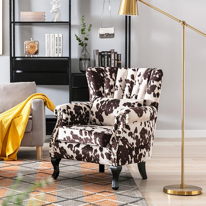 DM Furniture Cow Print Accent Chair Modern Velvet Armchair Tufted Wingback Club Chair Single Sofa Lounge Side Chair with Pillow for Living Room Bedroom, Cow
