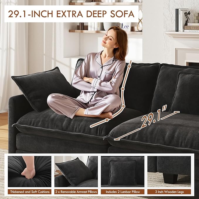 WorthFurni 77 Inch Cloud Sofa Loveseat, Comfy Sectional Couch, 2-Seater Chenille Deep Seat Sofa with Throw Pillows for Living Room Bedroom Apartment (Black)