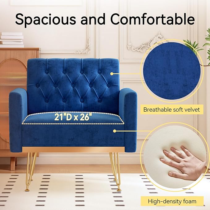 Accent Chair for Living Room, Comfy Oversized Velvet Upholstered Arm Chairs, Mid Century Modern Reading Single Sofa Side Chair with Tufted Back and Gold Legs for Bedroom (1, Navy)