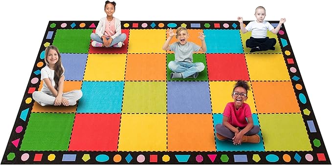 Booooom Jackson 7'6''x13' Colorful Square Seating Classroom Rug for Kids Room Seating Décor - Thick Nylon Preschool Carpet Daycare Rug for Teaching, Playroom, Non-Slip &No Triping,20X Stain Resistance