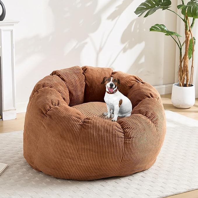 LukeAlon Corduroy Bean Bag Chair with Filler & Petal Armrest - Fluffy Floor Sofa Chair for Adults, 44"×44"×26" - Cozy Seating for Bedroom, Living Room, Game Room (Brown)