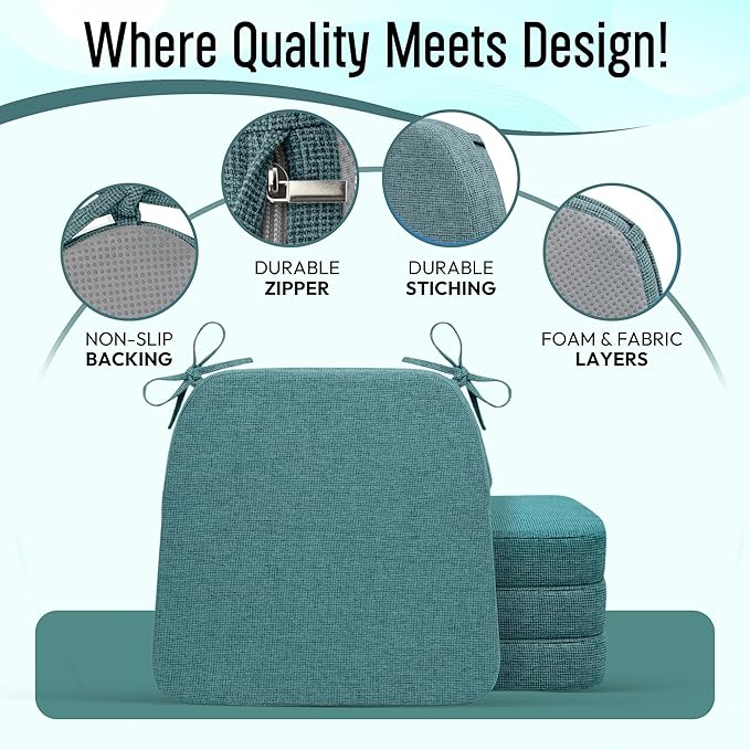 D-Shaped Indoor Chair Cushions 17" x 16" for Kitchen & Dining Chairs – 2'' Thick Seat Pads with Ties & Non-Slip Backing, High-Density Foam, Machine-Washable Covers, Set of 2 with Chair Leg Pads, Teal