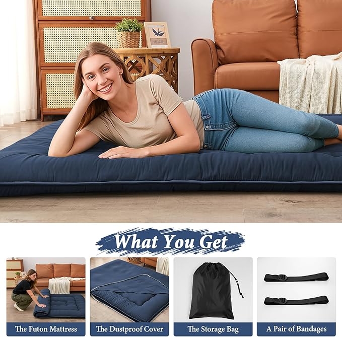 DAICO Japanese Floor Mattress, 4'' Thicken Futon Mattress Tatami Mat, Sleeping Pad Foldable Roll Up Mat for Camping and Guest Room, Full Size 54''*80'', Navy