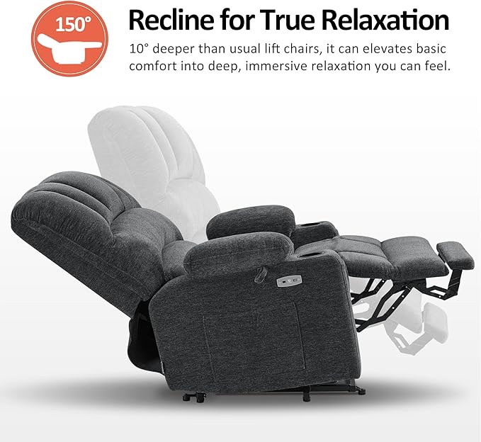 MCombo Power Lift Recliner Chair for Elderly, Lift Chair with Heat and Massage, 150° Max Recline, Extra Wide Lift Recliner for Big People, Fabric R7096 (Medium-Wide, Dark Grey)