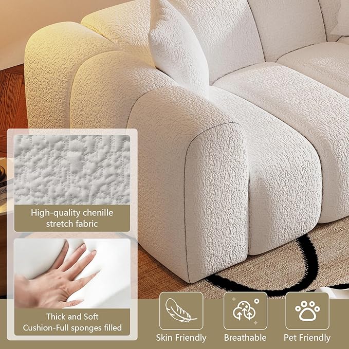 70" Modern Chenille Fabric Sofa Couch – One-Piece Memory Foam 3-Seater Sofa with Rounded Arms, Soft & Cozy Upholstery for Living Room (White)
