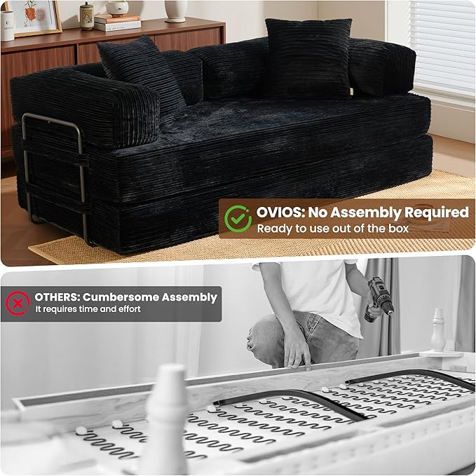 ovios 81" Folding Sofa Bed, Foldable Sleeper Boneless Couch with Pull Out Beds, Modular Convertible Floor Futon Loveseat Lounger for Living Room (Corduroy, Black)
