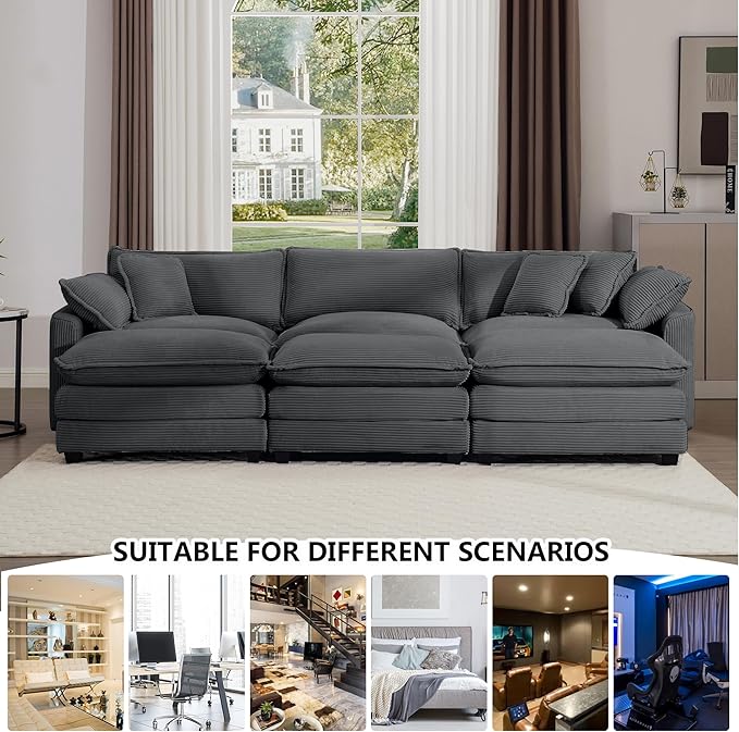 Aoowow Corduroy 3 Seater Sofa Couch,Modern Large Cloud Couches for Living Room,Modular Sectional Cloud Sofas with Deep Seat,Oversized Tufted 3 Seat Sofa Set. (Grey, 3 Seater)
