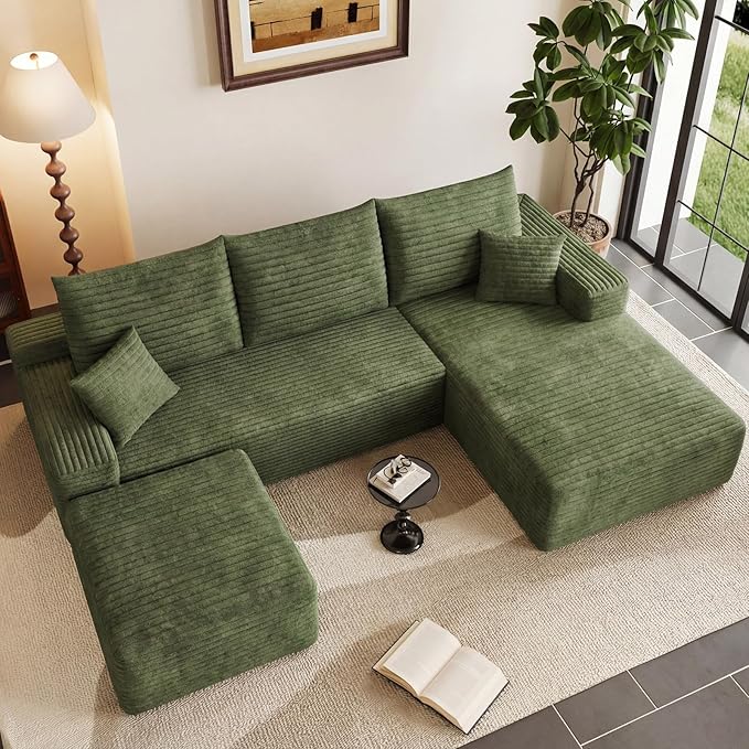 95" U-Shape Cloud Couch, Modern Modular Sectional L-Shape Sofa with Ottoman, Corduroy Upholstered Couches Deep Seat Sleeper Chaise Longue for Living Room, No Assembly Required(Green, Right Facing)