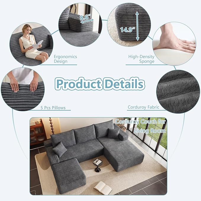 95" Cloud Sectional Couch with Ottoman,Modern U-Shaped Cloud Couch with Deep Seat,Comfy Corduroy 3-Seater Sofa,Memory Foam Sofa for Living Room,No Assembly (Dark Gray,Right-Facing Chaise)