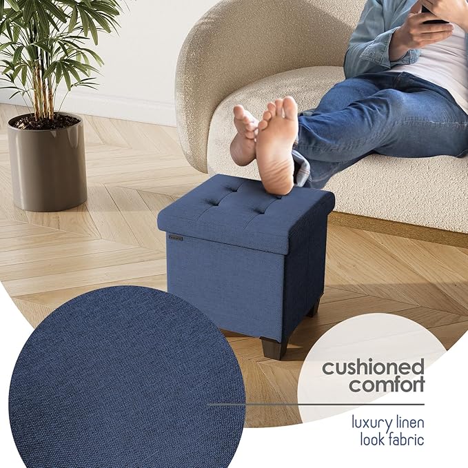 Storage Ottoman Cube with Small Bin, 16-in Square Ottoman with Storage for Living Room and Bedroom, Small Ottomans Foot Rest, Fabric Foot Stools Ottomans Max 330lbs, Blue
