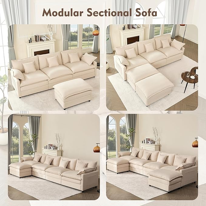 GOSUHI 142.5" U Shaped Couch, Modular Sectional Sofa, 3-Seater Comfy Cloud Couch with Movable Ottoman, Deep Seat Couches for Living Room, Linen, Beige