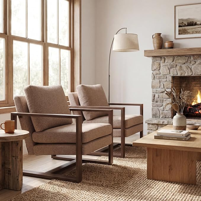 Modern Linen Accent Chair Set of 2 for Living Room Bedroom Mid Century Armchairs with Metal Frame, Upholstered Office Accent Chairs Comfy Waiting Room Chairs with Metal Frame, Espresso Brown