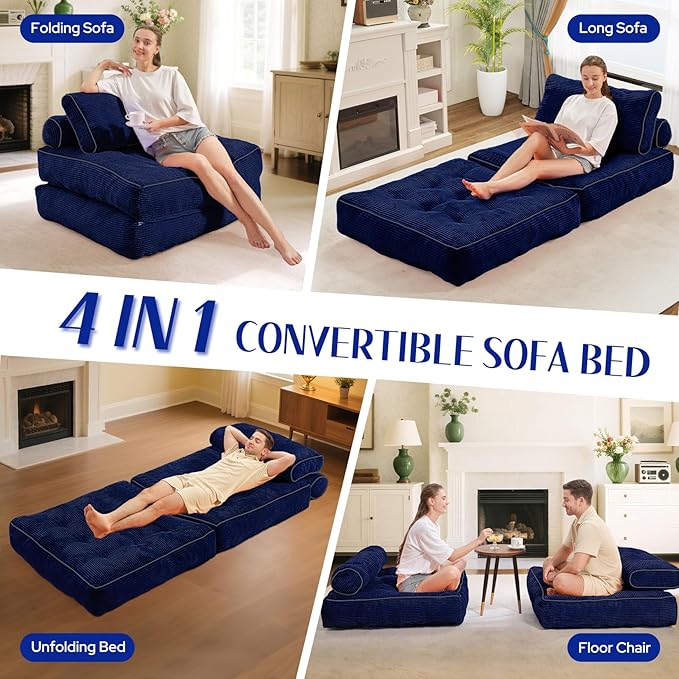 HABUTWAY Folding Sofa Bed, Convertible Sleeper Chair Bed w/Dual-Pillow & Handle, Foldable Floor Sofa Lounge w/Back Support for Living Room, Bedroom, Apartment, Office, Single, Navy Blue