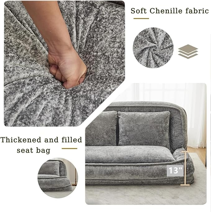 Foldable Lazy Sofa Bed, Chenille Upholstered Human Dog Bed for Adults, 2 in 1 Convertible Floor Sofa with 5 Adjustable Backrest Positions and Soft Cushions for Living Room (Light Gray)