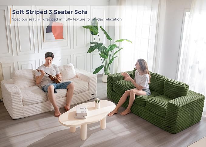 MAXYOYO 3-Seater Boneless Sofa Couch, Modern Faux Fur Sofa for Living Room, Soft Bean Bag Chair High-Density Foam Couch with Pillows, No Assembly Required