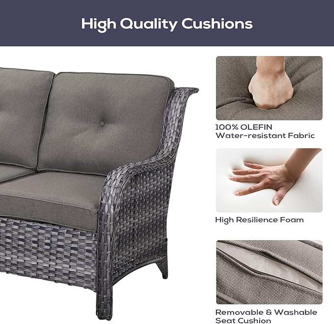 Belord Outdoor Sectional Sofa Furniture Set with Propane Fire Pit Table, Wicker Patio Conversation Set with 2 Swivel Glider Rocker Chairs Grey Cushion Perfect for Backyard Casual Gathering