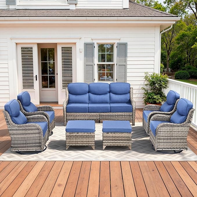 Pugire Luxury High Back Patio Furniture Set with 6-Inch Thick Cushions, 7-Pieces Outdoor Furniture with Swivel Chairs, Wicker Conversation Set for Porch, Balcony, Deck and Yard, Grey/Blue