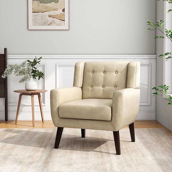DREAMSIDEA Accent Chair, Mid-Century Modern PU Leather Chairs with Arms for Living Room, Comfy Upholstered Club Single Sofa Armchair for Bedroom Waiting Room with Solid Wood Frame