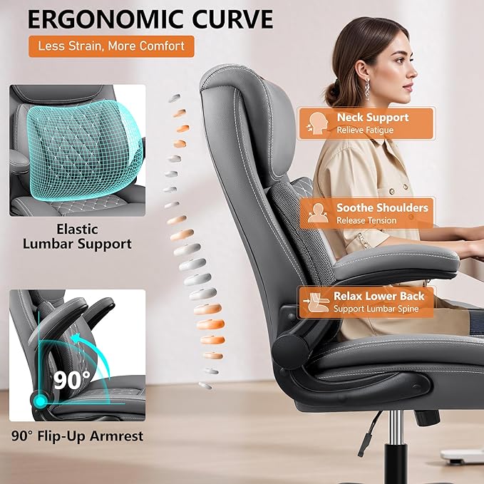 BESTFAIR Office Chair, Executive Computer Desk Chair with Lumbar Support for Lower Back Pain Relief, Ergonomic Leather Home Chair Comfy with Padded Flip-up Arms and Adjustable Armrests, Gray
