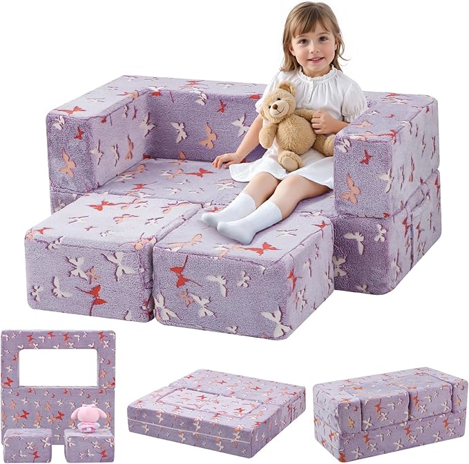 MeMoreCool Kids Modular Couch – Glow-in-The-Dark Butterfly Foam Sofa Bed, Lavender Convertible Toddler/Youth Playroom Sofa-to-Bed