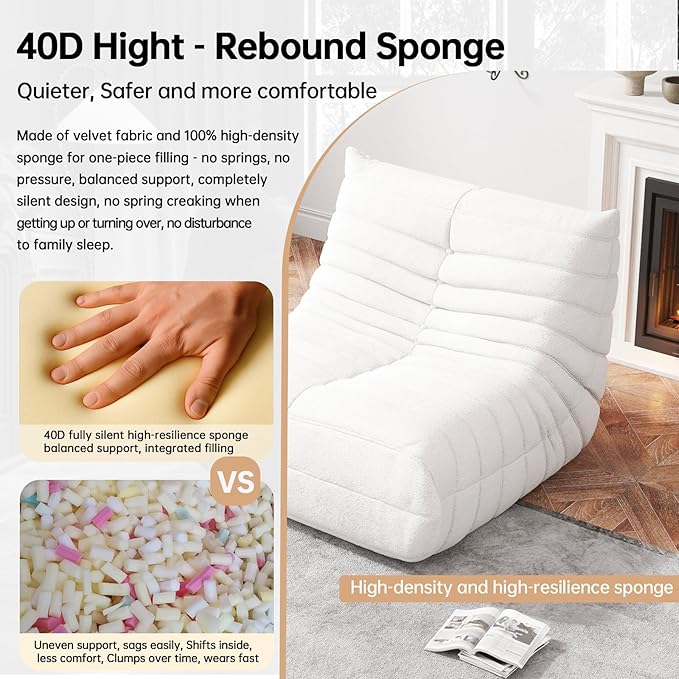 Bean Bag Chairs for Adults, BeanBag Reading Chair Memory Foam Couch, Floor Chair Soft Teddy Material, Comfy Reading Nook Chairs for Bedroom Living Room Office (White)