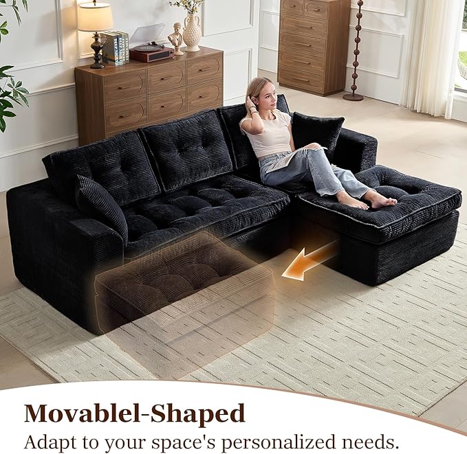 Cloud Modular Sectional Couches for Living Room and Bedroom, Boneless Couch with L-Shape Chaise Modern Deep Seat Floor Sofa,Plush Corduroy, No Assembly Required(Black)